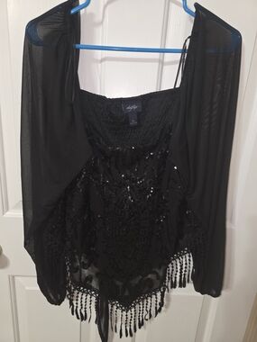 Angie Black Beaded Fringe Camisole with Sheer Overlay